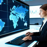 A diverse professional businesswoman in a modest, tailored business suit, sitting comfortably at a contemporary glass desk in a bright, futuristic office. She is looking thoughtfully at a large holographic display showing an interconnected network of global digital profiles and data nodes, symbolizing modern networking and digital transformation. Her hands are naturally resting on a sleek, minimalist keyboard. The environment is clean, high-tech, and illuminated with soft, ambient lighting. safe for work, appropriate content, fully clothed, professional dress, perfect anatomy, correct proportions, natural pose, well-formed hands, proper finger count, natural body proportions, high quality, professional photography, cinematic lighting, family-friendly.