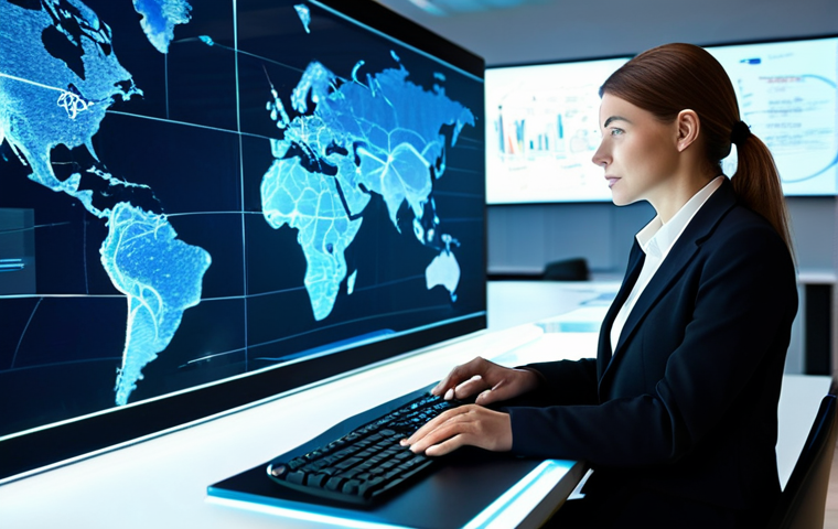A diverse professional businesswoman in a modest, tailored business suit, sitting comfortably at a contemporary glass desk in a bright, futuristic office. She is looking thoughtfully at a large holographic display showing an interconnected network of global digital profiles and data nodes, symbolizing modern networking and digital transformation. Her hands are naturally resting on a sleek, minimalist keyboard. The environment is clean, high-tech, and illuminated with soft, ambient lighting. safe for work, appropriate content, fully clothed, professional dress, perfect anatomy, correct proportions, natural pose, well-formed hands, proper finger count, natural body proportions, high quality, professional photography, cinematic lighting, family-friendly.