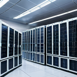 A brightly lit, spacious modern data center interior, featuring rows of sleek, energy-efficient server racks. Large windows reveal a clear sky with visible wind turbines and solar panels on nearby buildings, symbolizing renewable energy integration. The scene emphasizes sustainable technology and environmental responsibility. Professional photography, high detail, volumetric lighting, sharp focus. safe for work, appropriate content, professional, family-friendly.