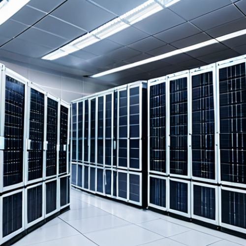 Home 7 A brightly lit, spacious modern data center interior, featuring rows of sleek, energy-efficient server racks. Large windows reveal a clear sky with visible wind turbines and solar panels on nearby buildings, symbolizing renewable energy integration. The scene emphasizes sustainable technology and environmental responsibility. Professional photography, high detail, volumetric lighting, sharp focus. safe for work, appropriate content, professional, family-friendly.