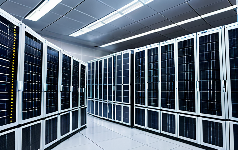 A brightly lit, spacious modern data center interior, featuring rows of sleek, energy-efficient server racks. Large windows reveal a clear sky with visible wind turbines and solar panels on nearby buildings, symbolizing renewable energy integration. The scene emphasizes sustainable technology and environmental responsibility. Professional photography, high detail, volumetric lighting, sharp focus. safe for work, appropriate content, professional, family-friendly.